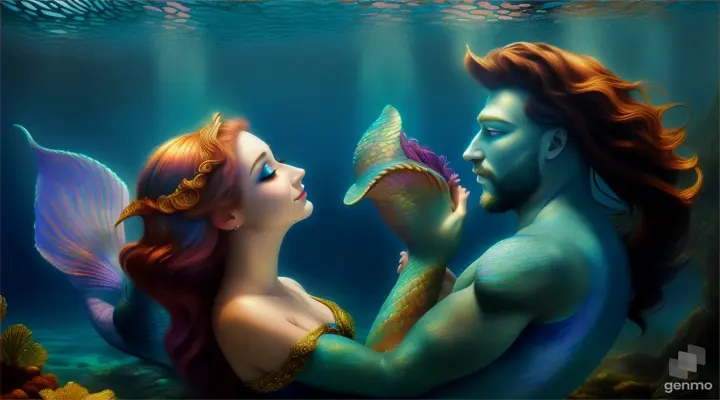 Magic magic beautiful mermaid hugs cute guy