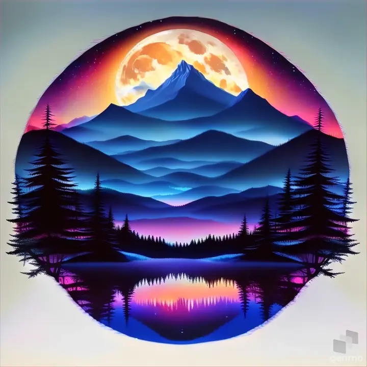 a painting of a mountain scene with a full moon