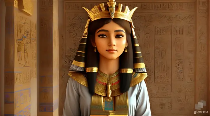 "This is an image inspired by ancient Egyptian culture, surrounded by a serene and mystical environment. The character has long, flowing white skin adorned big blue eye smile a little with flowers and wears intricate golden jewelry featuring a beautiful young woman in traditional attire standing inside a room decorated with unique symbols and architecture of Egypt. She smiles happily, wearing a golden crown with intricate designs, and her face is obscured by a beige rectangle. The walls are adorned with various Egyptian symbols and hieroglyphs, giving the image a historical and cultural atmosphere. Additionally, there is a door or window that opens to reveal the pyramids under a clear sky, creating a connection between the interior and the significant sites of ancient Egypt outside. To the right, there is a statue of an animal resembling a lion wearing an Egyptian crown similar to those worn by pharaohs, and the ceiling is decorated with colorful art and patterns characteristic of ancient Egyptian art." horizontal image