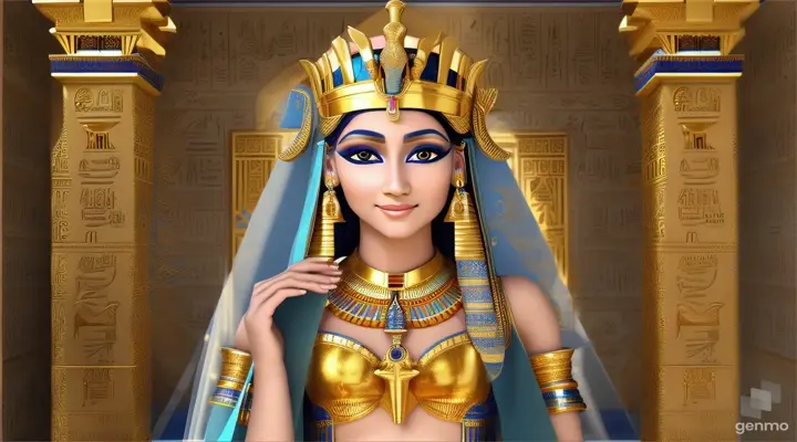 "This is an image inspired by ancient Egyptian culture, surrounded by a serene and mystical environment. The character has long, flowing white skin adorned big blue eye smile a little with flowers and wears intricate golden jewelry featuring a beautiful young woman in traditional attire standing inside a room decorated with unique symbols and architecture of Egypt. She smiles happily, wearing a golden crown with intricate designs, and her face is obscured by a beige rectangle. The walls are adorned with various Egyptian symbols and hieroglyphs, giving the image a historical and cultural atmosphere. Additionally, there is a door or window that opens to reveal the pyramids under a clear sky, creating a connection between the interior and the significant sites of ancient Egypt outside. To the right, there is a statue of an animal resembling a lion wearing an Egyptian crown similar to those worn by pharaohs, and the ceiling is decorated with colorful art and patterns characteristic of ancient Egyptian art." horizontal image