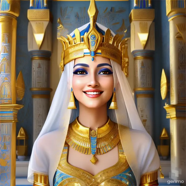 "This is an image inspired by ancient Egyptian culture, surrounded by a serene and mystical environment. The character has long, flowing white skin adorned big blue eye smile a little with flowers and wears intricate golden jewelry featuring a beautiful young woman in traditional attire standing inside a room decorated with unique symbols and architecture of Egypt. She smiles happily, wearing a golden crown with intricate designs, and her face is obscured by a beige rectangle. The walls are adorned with various Egyptian symbols and hieroglyphs, giving the image a historical and cultural atmosphere. Additionally, there is a door or window that opens to reveal the pyramids under a clear sky, creating a connection between the interior and the significant sites of ancient Egypt outside. To the right, there is a statue of an animal resembling a lion wearing an Egyptian crown similar to those worn by pharaohs, and the ceiling is decorated with colorful art and patterns characteristic of ancient Egyptian art." horizontal image