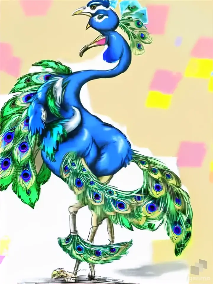 a drawing of a peacock with a blue tail