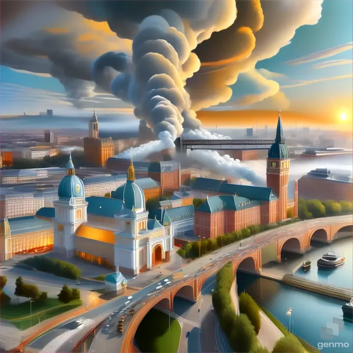 a painting of a city with smoke coming out of it