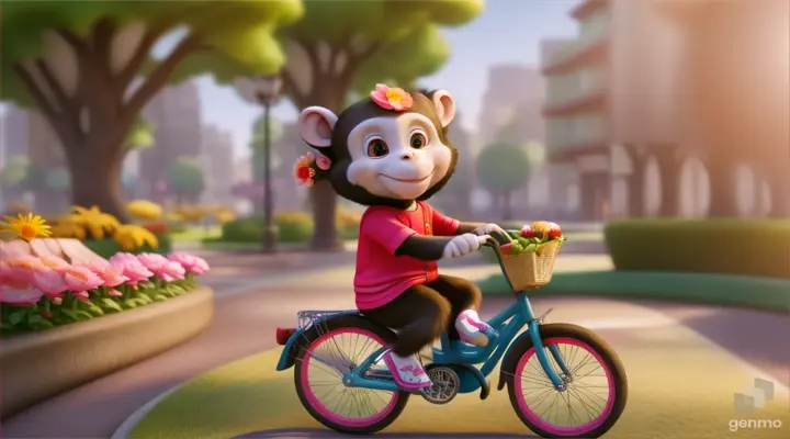 3d cartoon baby monkey riding cycle in flower garden in city