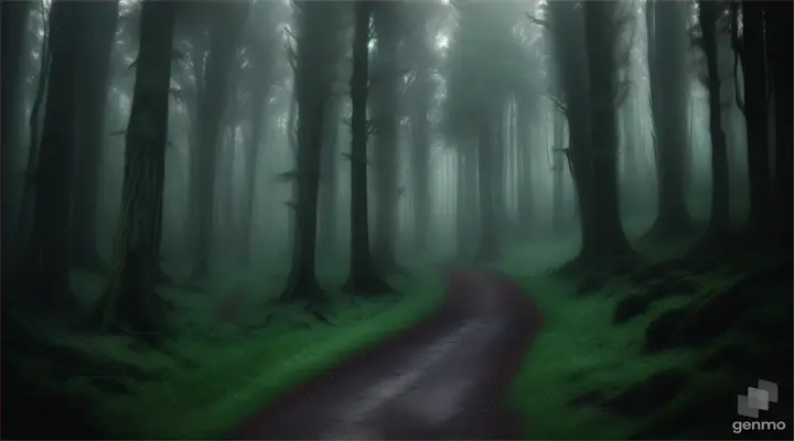 A dark green forest with a path that runs through it while everything is turning demonic (1920x1080px)