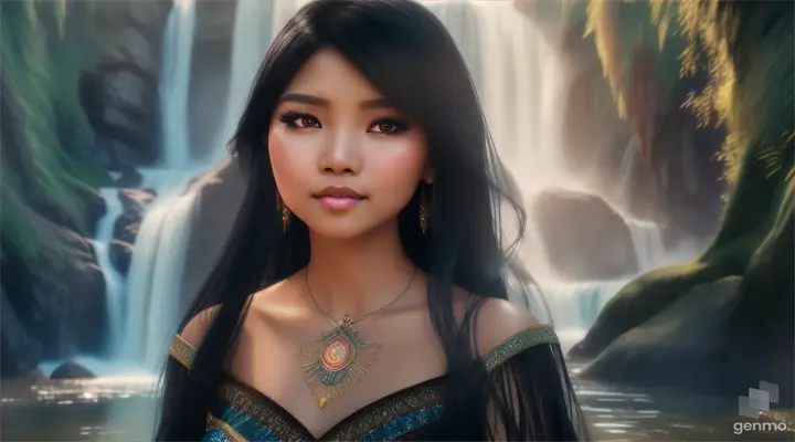 Suddenly, from within the mist of the waterfall, a charming woman appeared. Her hair was long and black, and her eyes sparkled like jewels (Indonesia) with video 16:9