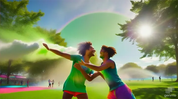 Two friends having a playful powder fight, throwing vibrant hues in a lush, green park
