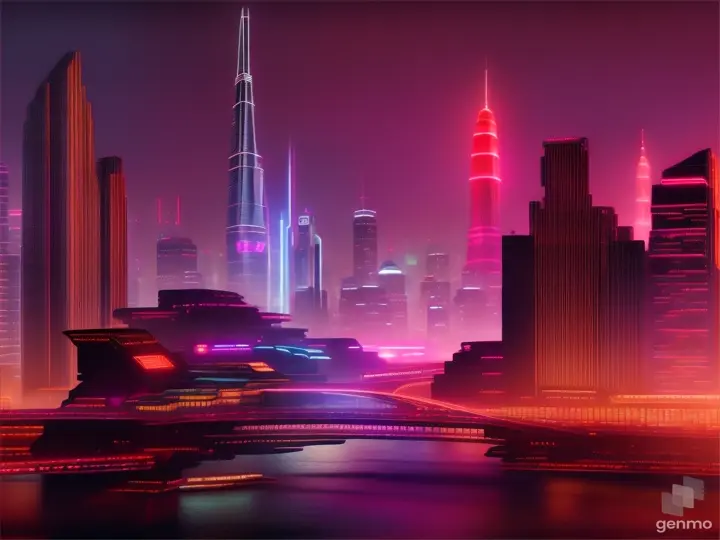 a futuristic city, illuminated mostly with red lighting, seen from a bridge. Nigth neon color, in the style of hyper detailed style, real life colors, cinematic style