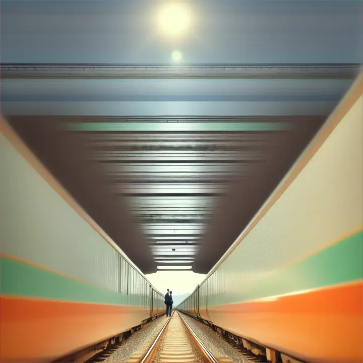 a man sitting on a train track in the middle of a picture 16:9