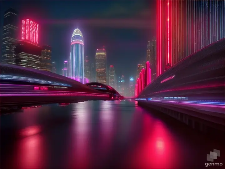 a futuristic city, illuminated mostly with red lighting, seen from a bridge. Nigth neon color, in the style of hyper detailed style, real life colors, cinematic style