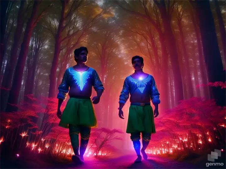 Raju and Sunil walking through a forest with bioluminescent foliage and twinkling stars above