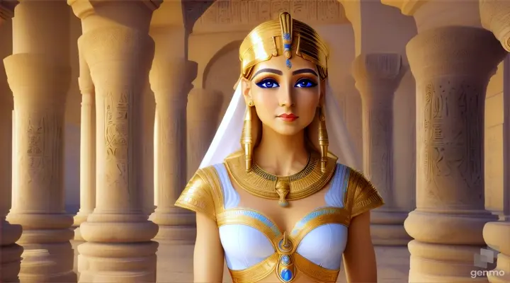 "This is an image inspired by ancient Egyptian culture, surrounded by a serene and mystical environment. The character has long, flowing white skin adorned big blue eye smile a little with flowers and wears intricate golden jewelry featuring a beautiful young woman in traditional attire standing inside a room decorated with unique symbols and architecture of Egypt. She smiles happily, wearing a golden crown with intricate designs, and her face is obscured by a beige rectangle. The walls are adorned with various Egyptian symbols and hieroglyphs, giving the image a historical and cultural atmosphere. Additionally, there is a door or window that opens to reveal the pyramids under a clear sky, creating a connection between the interior and the significant sites of ancient Egypt outside. To the right, there is a statue of an animal resembling a lion wearing an Egyptian crown similar to those worn by pharaohs, and the ceiling is decorated with colorful art and patterns characteristic of ancient Egyptian art." horizontal image