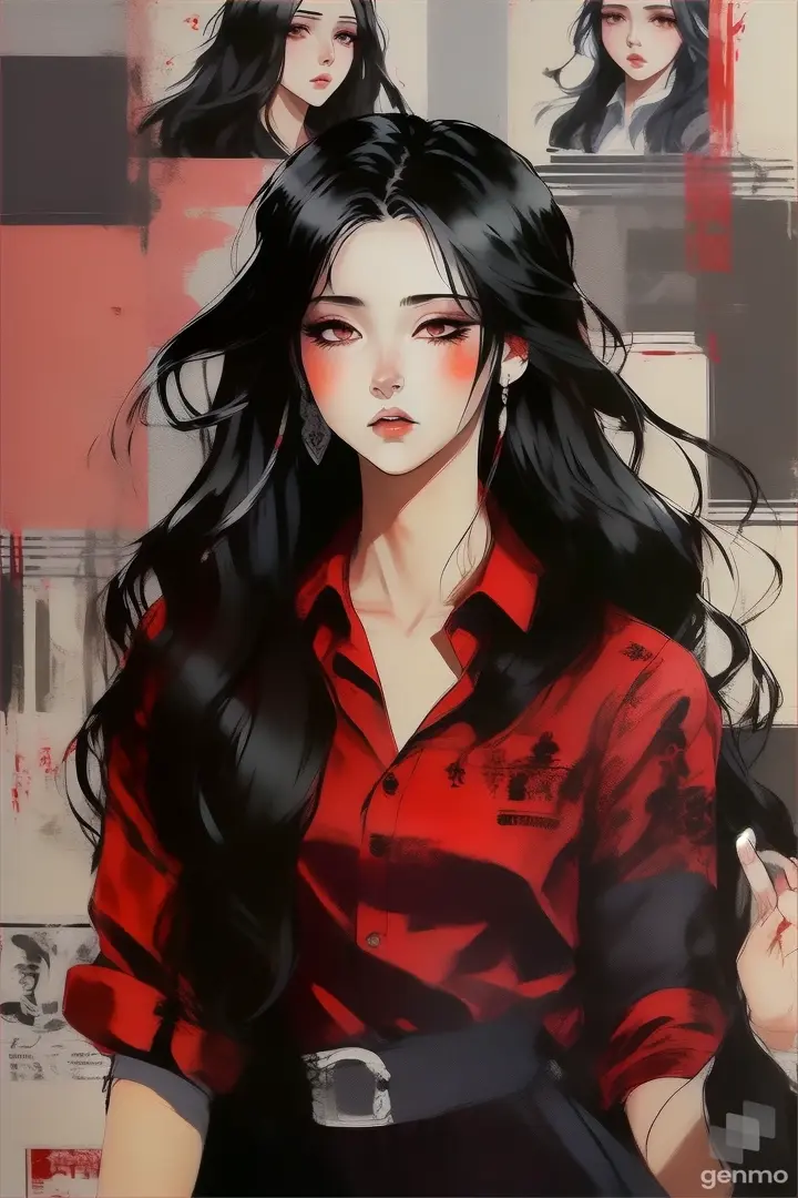 a painting of a woman with long black hair move