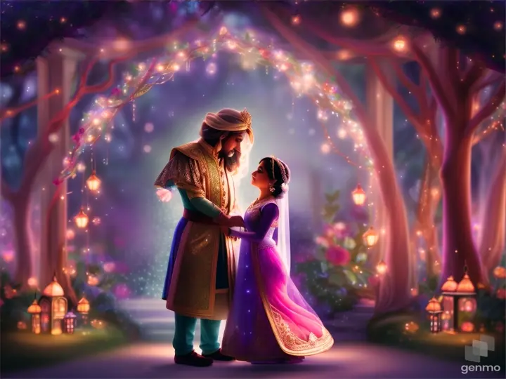 Raju and Grandmother surrounded by twinkling fairy lights in an enchanted garden