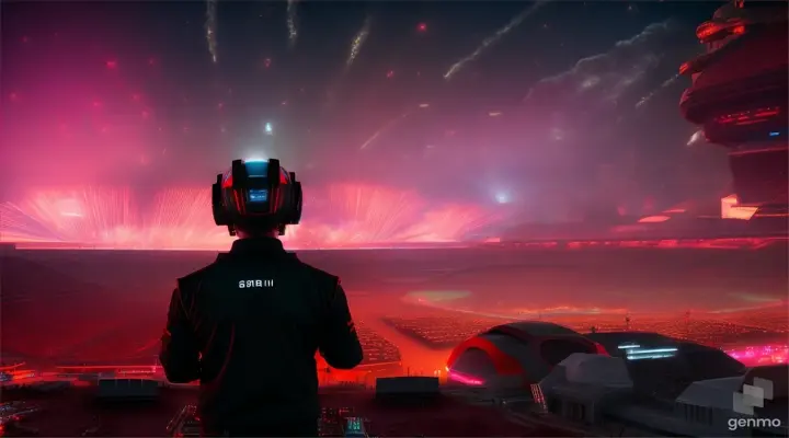An open stadium concert on mars, city background