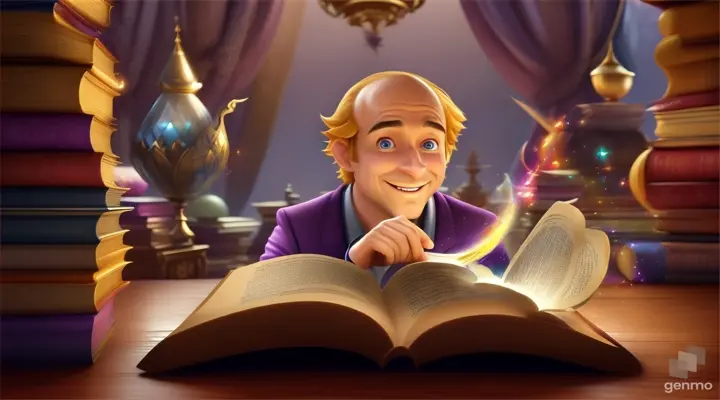 /imagine prompt: 3D animation, personality: [Illustrate Uplifting Cartoon characters engaging in fun activities The prince holding a book open, searching for a spell to help the balding head magician. It should feel otherworldly and magical.] unreal engine, hyper real --q 2 --v 5.2 --ar 16:9