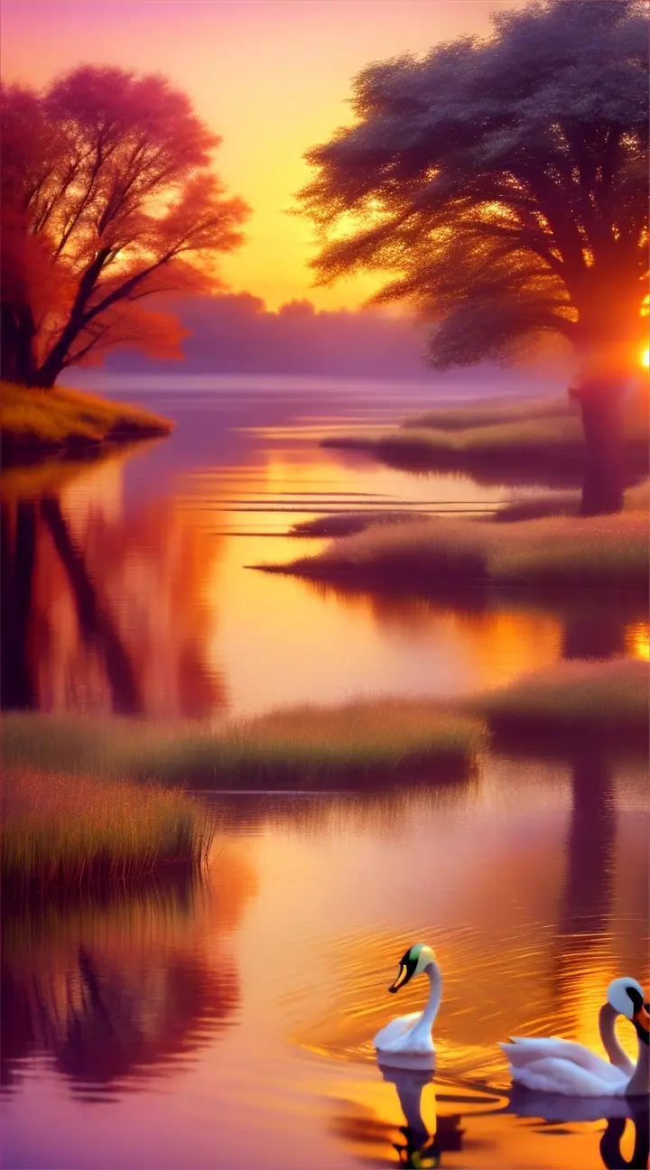 A sunset over a forest river, colorful swans gracefully swimming toward the viewer