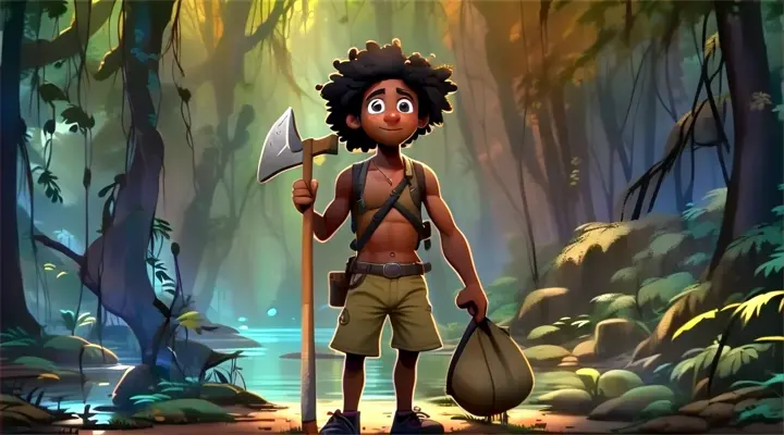 a cartoon character holding a pick axe in a forest, Pixar Animation | multiple characters