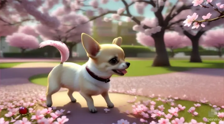 A baby Chihuahua is happily running and playing on the grass under the cherry blossoms in full bloom. With its small size, it moves around among the cherry blossom petals and catches people's attention with its cute behavior. Her tail is wagging to express her joy due to the fun play.

3D style animation 16:9

