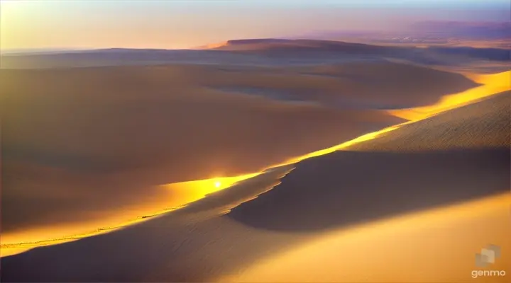 Desert Sand as far as the eye can see in the desert. Blue sky and bright sun. Super sharp, RAW photo quality, Cinematic lighting