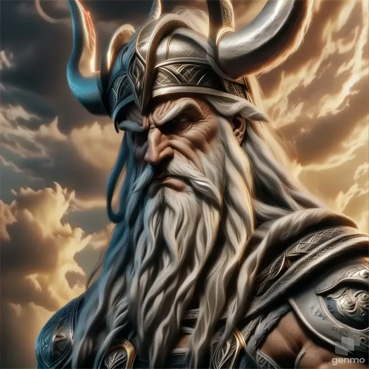 a man with long white hair and a beard wearing a horned helmet