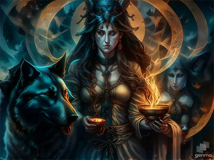 a woman holding a bowl of fire next to a dog