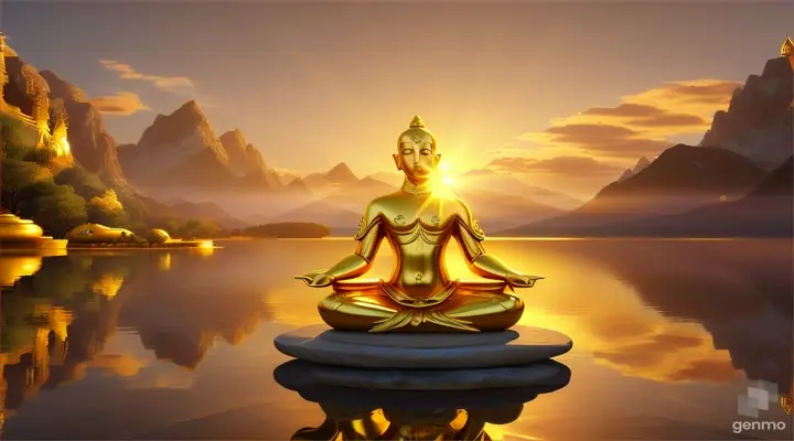 Looking at the sunrise, the monk wraps himself in luxurious golden cloth and assumes a lotus position. His body glows brightly under the lights, and the golden light of the sunrise surrounds him. His face reflects inner peace and tranquility, and although his eyes are closed, his expression represents stability and peace. Illuminated by the sunrise between the mountains and the sky, his figure appears to be in divine harmony and deep meditation.

3D style animation 16:9

