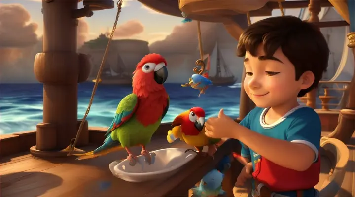 Kids boy washing his face, cartoon, on the deck of a pirate ship with the ocean in the background and a parrot perched nearby, 16:9, Pixar 3D