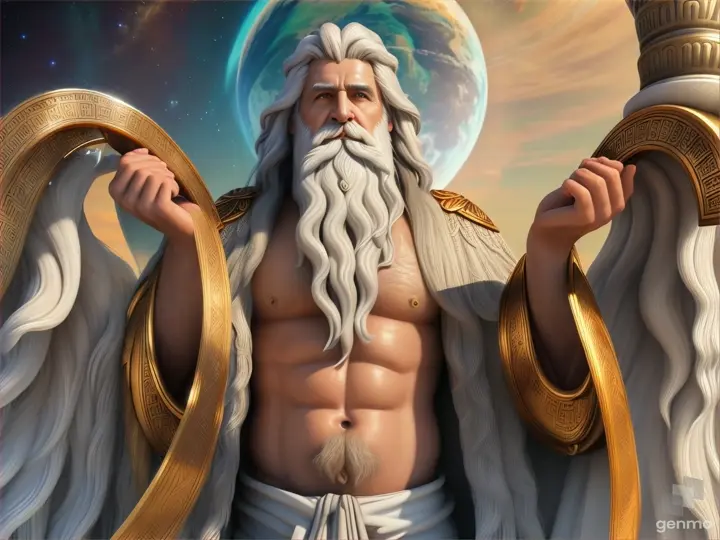 A man who is an old Greek God, wearing flowing robes and white hair and long beard, holding the planet Saturn in his hand, background is a open field with a stairway to heaven, mood is affirmative, consummate, majesty, fullness, daytime light, character design