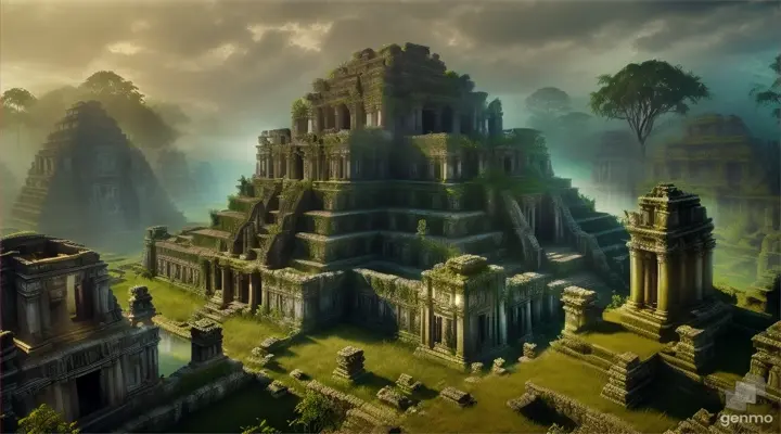 An ancient temple ruins emerging from the overgrown vegetation.

