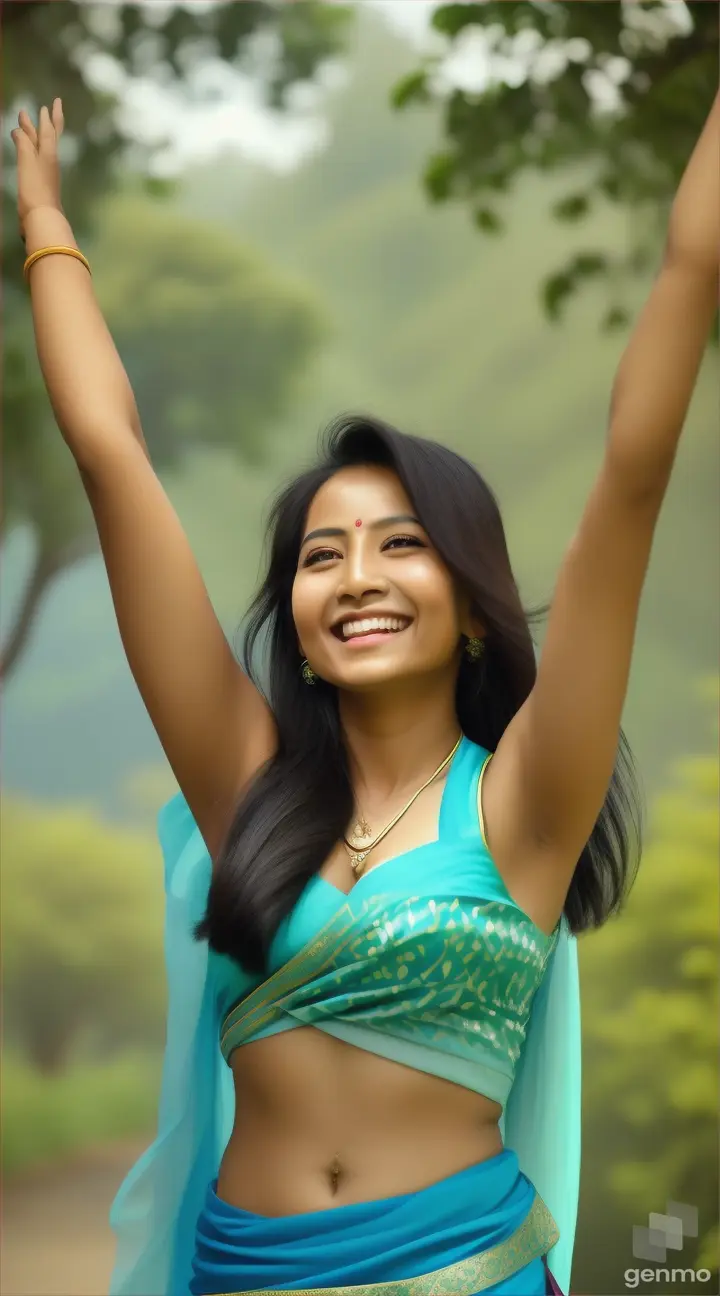 Nepal fitness woman making heart by fingers with smile and her hair is blowin. She wearing a sky colour saree.