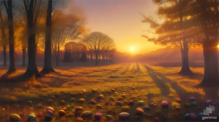 A realistic painting of the sun rising over an Easter morning landscape, golden and ethereal