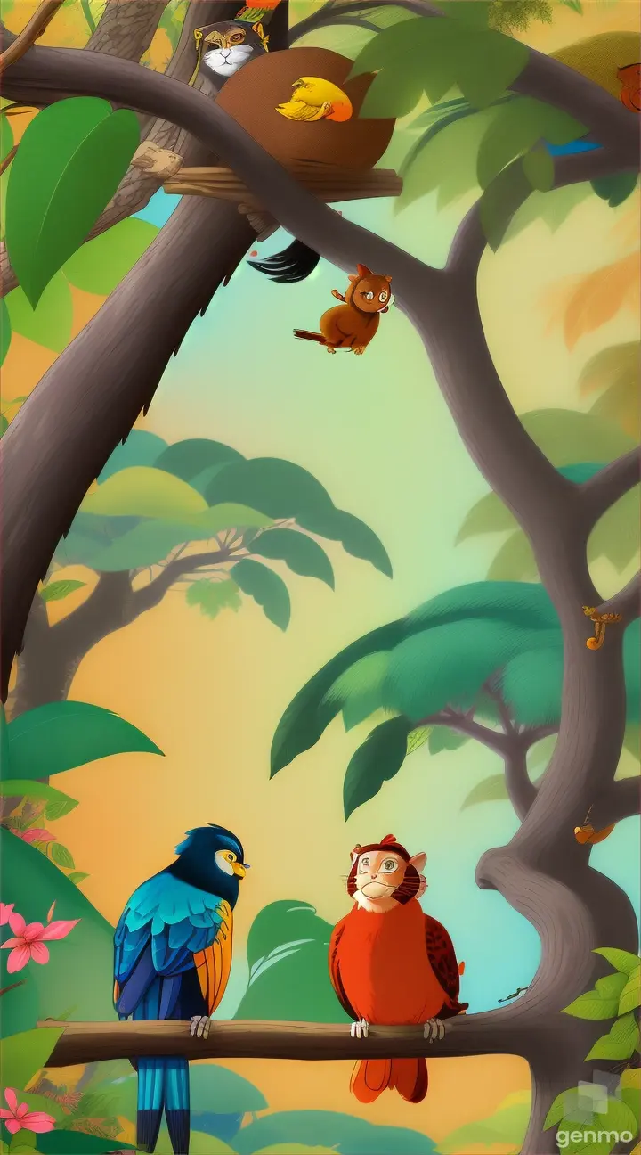 The bird and the cat encounter a monkey sleeping under a large mango tree in the jungle.