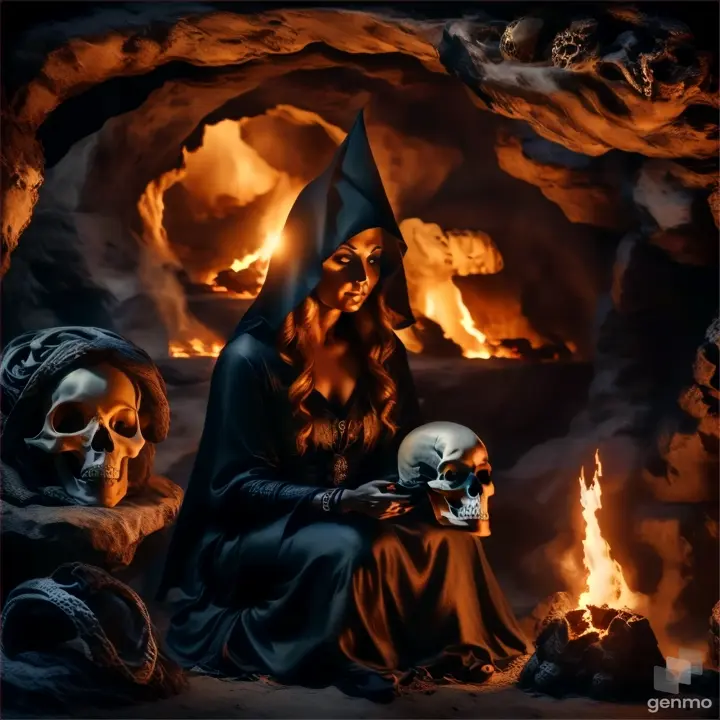 a woman sitting in front of a fire with skulls