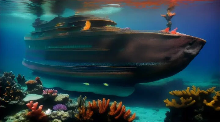 An underwater sunken galleon with multicolored corals fused onto its hull, schools of fish and marine-life around it