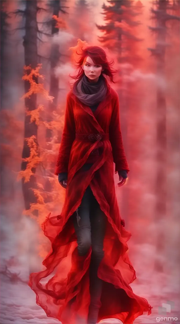 a woman in a red coat walking through a foggy forest