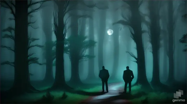 Ramesh and Rahul nervously watch ghostly shadows swirl around them in this moonlit scene