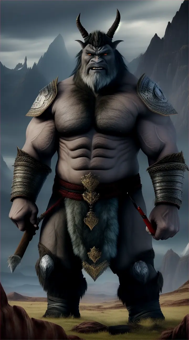 Manggus-"Visualize a towering and fearsome ogre from Mongolian mythology, standing amidst a rugged mountain landscape. The Manggus has thick, dark hair covering its body, with piercing red eyes that glow with malice. Its large, muscular form looms, brandishing a club made from the trunk of a gnarled old tree. Around it, the remnants of armor and weapons from defeated foes litter the ground, emphasizing its strength and ferocity. The background features a stormy sky, casting a dramatic light over the scene, enhancing the ominous presence of the Manggus."
