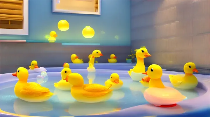 Camera focuses on the child's actions as they sing "This is the way we scrub our back.", cartoon, in a brightly lit, vibrant-hued bathroom filled with rubber ducks and bubbles, 16:9, Pixar 3D.