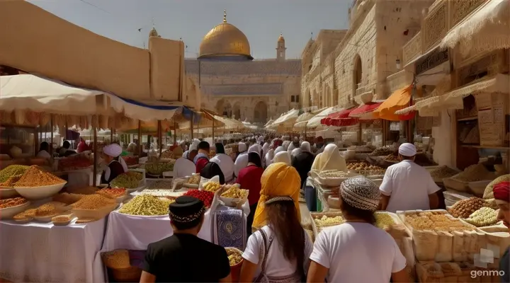 Entre nas movimentadas ruas de Jerusalém durante o auge do dia. O mercado está repleto de cores e aromas exóticos. As barracas de especiarias exalam perfumes intensos, enquanto os comerciantes exibem suas frutas frescas e tecidos vibrantes. Ao fundo, você pode ver o majestoso Templo de Jerusalém, com suas imponentes colunas e decorações intrincadas. As pessoas vestem uma variedade de túnicas e mantos, algumas usam turbantes ou véus para se protegerem do sol escaldante.