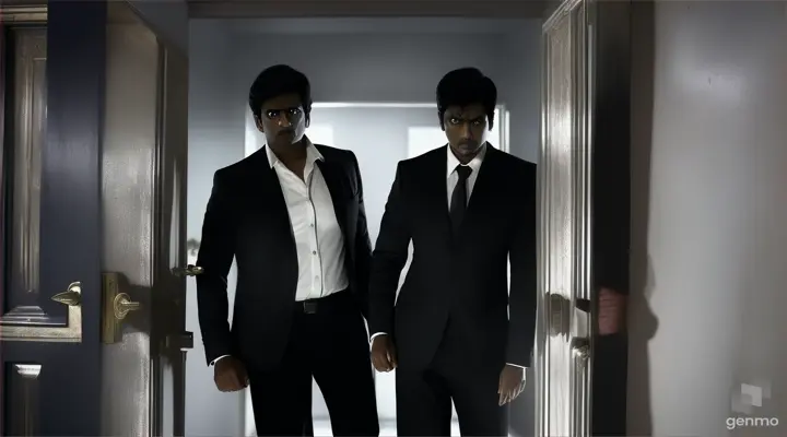 Failed Escape Attempt**
- Description: Ramesh and Rahul try to leave the house but encounter obstacles that prevent their escape.
- Image Prompt: Ramesh struggling to open the door while Rahul looks back fearfully, sensing a presence behind them.