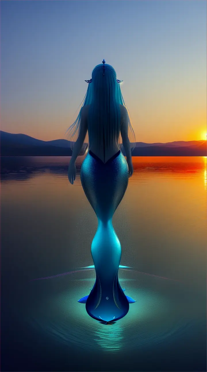  Gulbi-Aru-"Imagine a mesmerizing scene at the edge of a serene lake in Mongolia, where the Gulbi-Aru, a mermaid-like water spirit, is emerging. She has long, flowing hair that cascades over her shoulders, shimmering with droplets of water that reflect the moonlight. Her lower body transitions gracefully into the form of a fish, glinting with scales that mirror the colors of the lake at dusk. The Gulbi-Aru is reaching out towards a floating lotus, her expression one of serene wisdom, inviting the viewer to appreciate the beauty and danger of her watery realm."