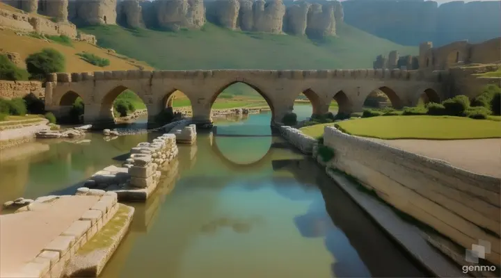 Cross the ancient stone bridge over the River Jordan, an important crossing point in the Holy Land. Clear waters flow beneath the bridge as pilgrims in white tunics make their way to the opposite shores. On the horizon, the mountains of Gilead rise majestically, creating a scene of untouched natural beauty. create a 10 second long video
