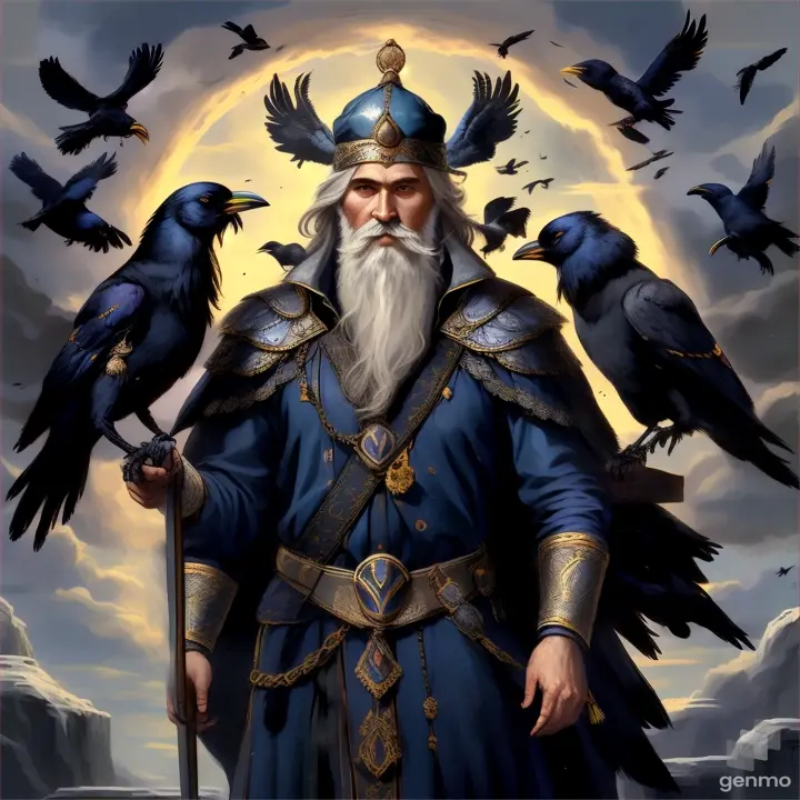 a painting of a man with crows on his shoulders