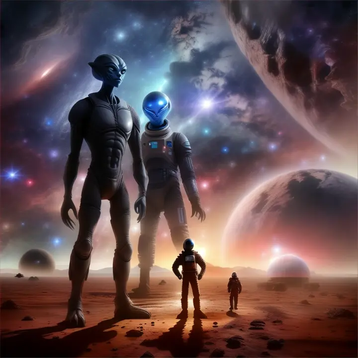 a giant alien standing in the middle of a desert on a desolate planet with an astronaut in front of him