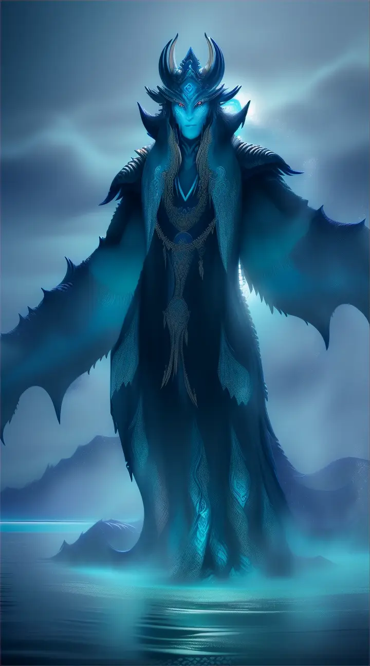 Luu-Manggus-"Conjure the image of a Luu-Manggus, an aquatic demon from Mongolian folklore, rising from the icy waters of a remote lake. Its body is a fusion of human and serpentine elements, with scales that glisten under the moonlight. The creature's eyes are a deep, glowing blue, piercing through the fog that blankets the water's surface. Its hands are raised, summoning a swirling vortex of water around it, demonstrating its control over the lake and the storms. The atmosphere is charged with the power and mystery of the Luu-Manggus, as it stands as the guardian of its watery realm."