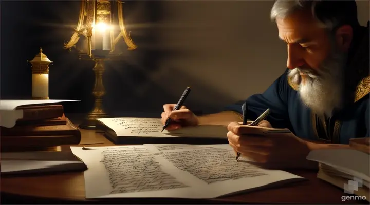 Contemplate the scene where Paul writes his letter to the Thessalonians, sitting at a simple table illuminated by a lamp. Scrolls and inkwells are scattered around him as he dictates his inspired words, an expression of deep concentration on his face.