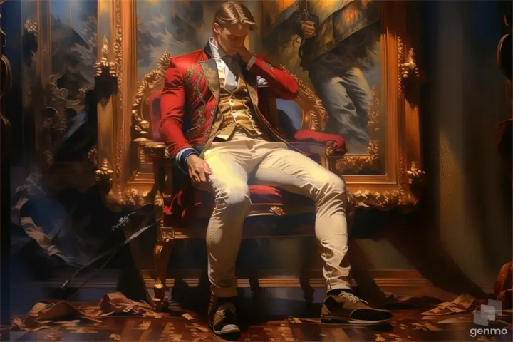 a man in a red jacket sitting on a chair