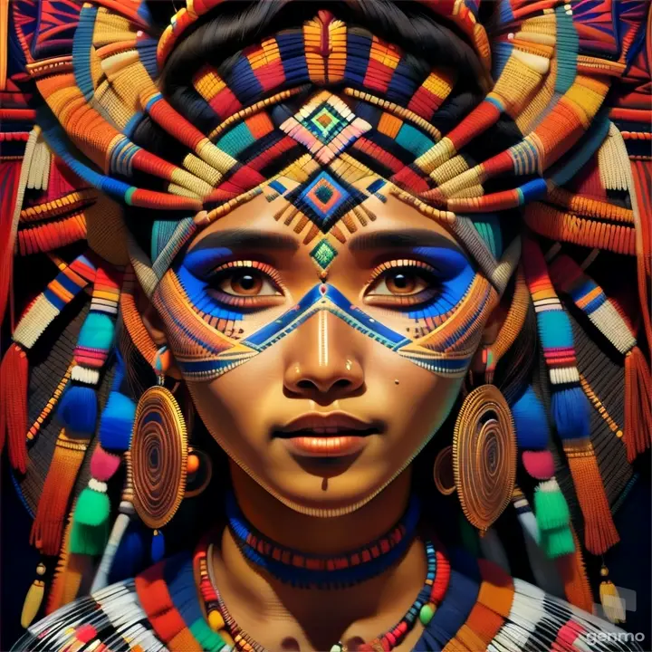 a woman with colorful makeup and headdress smiling 