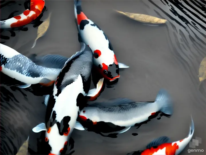 A solitary koi fish swimming in a pond among a grove of bamboo trees, detailed with traditional Chinese ink painting techniques